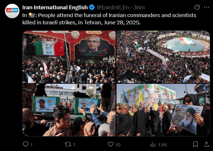  funeral of Iranian commanders and scientists killed in Israeli strikes, in Tehran, June 28, 2025.